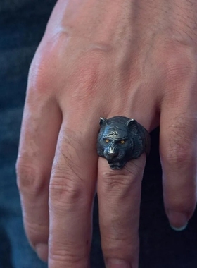 霸气黑色成熟黑熊开口指环个性戒
