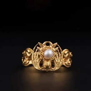 凤凰于飞戒指汉服首饰铜镀金色故宫藏镶珍珠錾刻指环新中式手饰