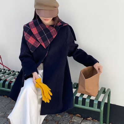 可拆格纹领中长系带正肩羊毛大衣