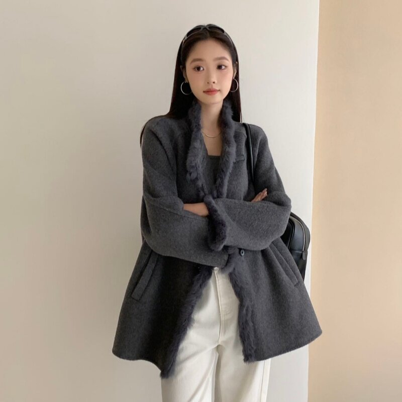 新款秋冬兔毛毛衣襟装饰立领插肩袖双面羊毛一手长大衣女毛呢外套