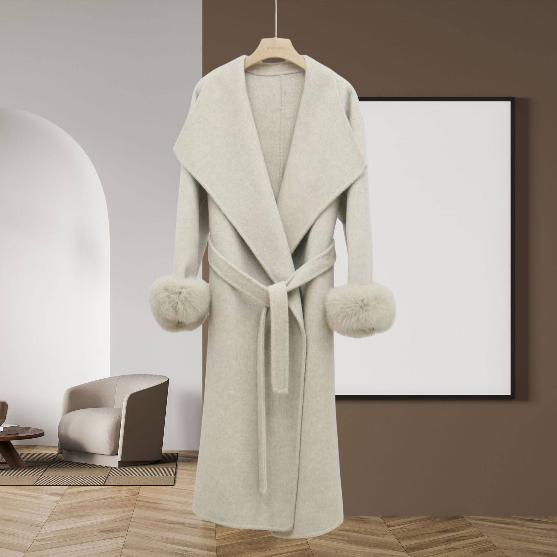 可拆卸狐狸毛宽松双面羊绒大衣