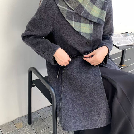 025新品双面呢羊毛大衣女可拆格纹领中长款系带正肩A字腰毛呢外套