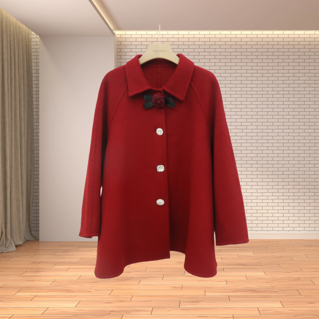 中国红色节日氛围斗篷中长款羊毛大衣圣诞春节正红精致双面呢外套