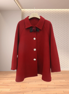 中国红色节日氛围斗篷中长款羊毛大衣圣诞春节正红精致双面呢外套