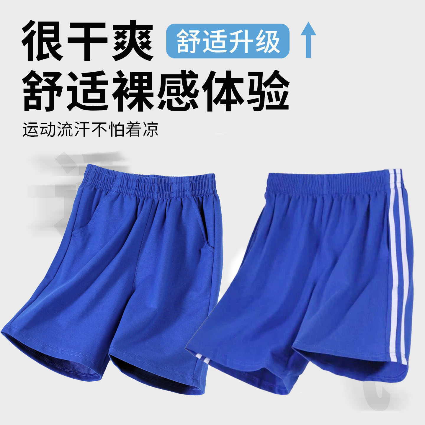 夏季薄款宽松直筒裤蓝色纯棉校服裤彩蓝色运动裤五分短裤男女通用