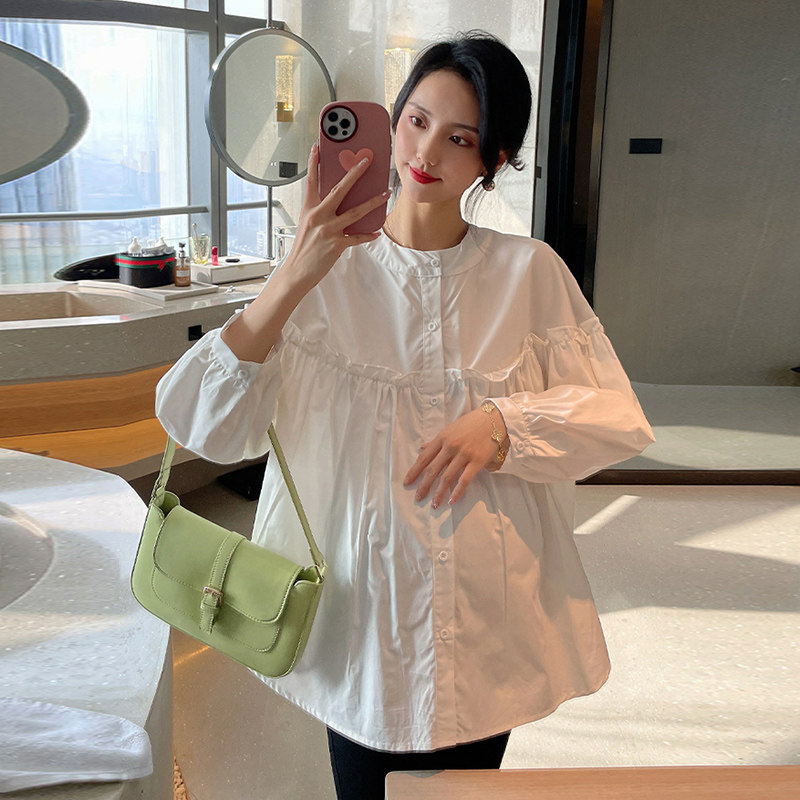 임부복 셔츠 봄 가을 상의 패셔너블한 신상 임부복 봄 루즈 캐주얼 셔츠 중간 기장 가디건 트렌디