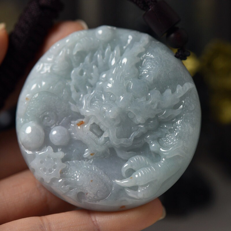 翡翠玉石A货龙牌龙行四海 玉雕缅甸玉器珠宝首饰吊坠 保真送证书