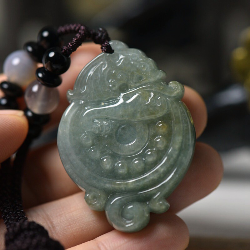 现货一物一图天然翡翠A货玉石油青仿古龙吊坠玉佩带证书