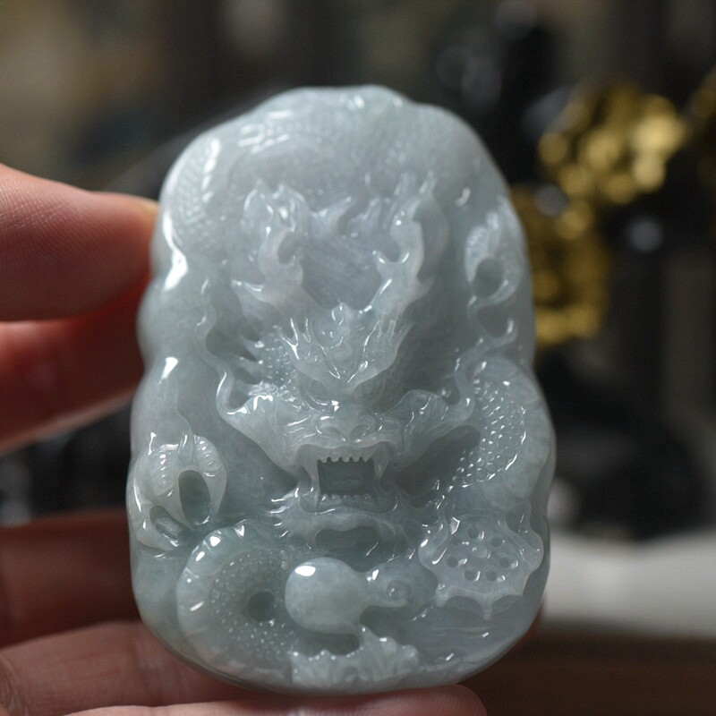 翡翠玉石大头龙牌吊坠 玉雕缅甸玉器珠宝首饰吊坠 保真保A送证书