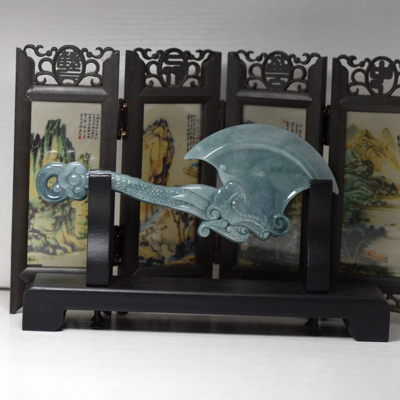 天然翡翠A货玉石斧头把件摆件玉器府上有龙玉石摆件手玩件带证