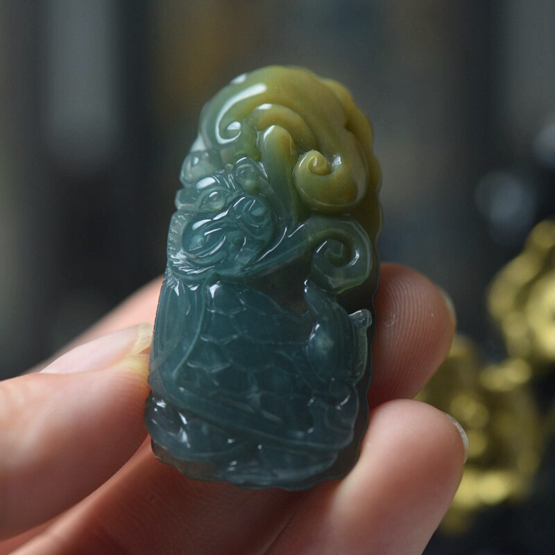 天然翡翠玉龙龟玉牌吊坠 黄翡翡翠玉龙头龟雕件 玉器挂件送证书