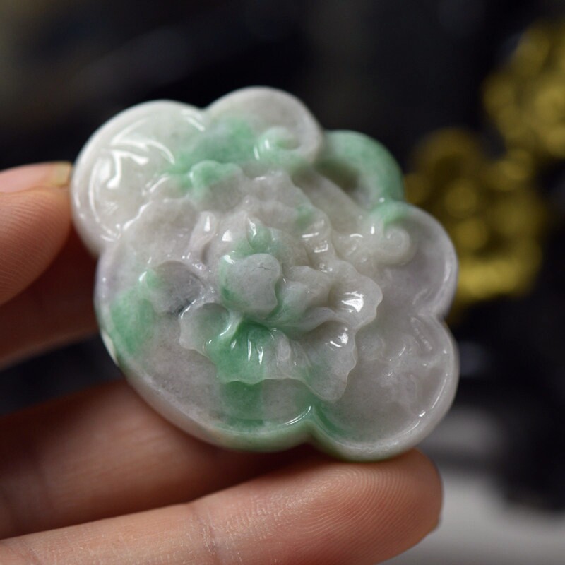 翡翠玉石A货带绿花开富贵玉锁牌吊坠 缅甸玉器珠宝首饰 送证书