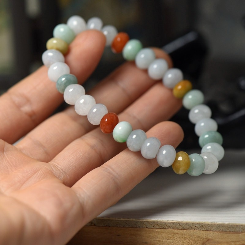 缅甸翡翠A货玉石手链算盘珠手串多宝手链玉石女款带证书直径8.3mm