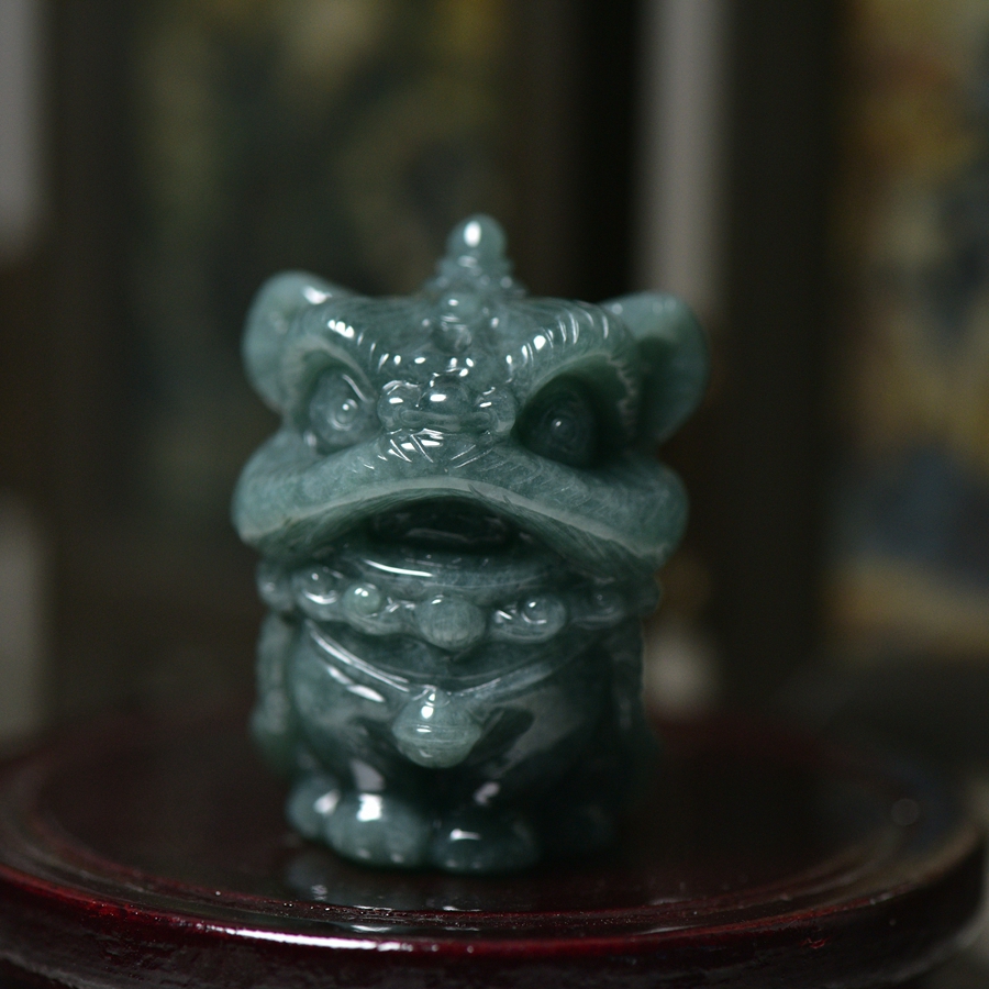 翡翠玉石蓝水小狮子摆件A货玉器把件吊坠摆件醒狮玉器带证书