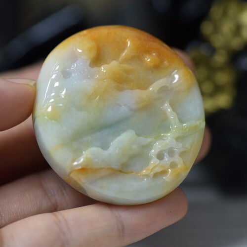 翡翠玉石A货黄翡山水玉牌 山水玉雕缅甸玉器珠宝首饰吊坠 送证书