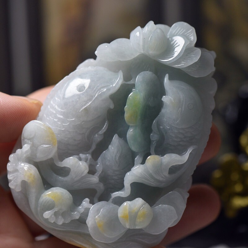 翡翠玉石荷叶鱼年年有余玉牌吊坠 缅甸玉器珠宝首饰 保真送证书
