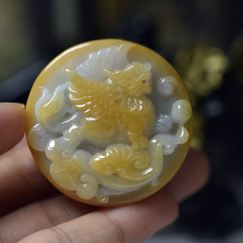 翡翠玉石A货黄翡飞天貔貅玉牌吊坠 缅甸玉器招财皮丘珠宝首饰送证
