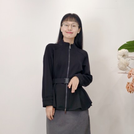 可路莎专柜253194春秋简约纯色小立领腰带收腰针织外套中长款女
