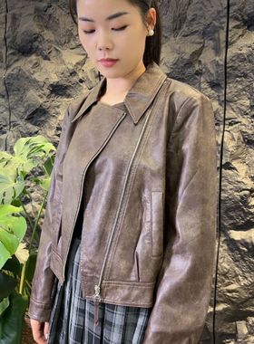 可路莎专柜241025春秋款翻领拉链短款皮衣女休闲机车PU短外套