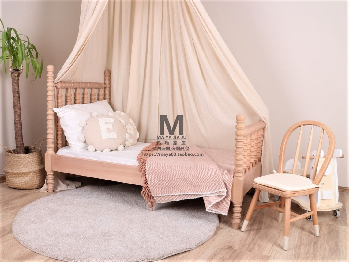 法式实木儿童单人床男孩女孩北欧复古床美式乡村原木纯实木床定制