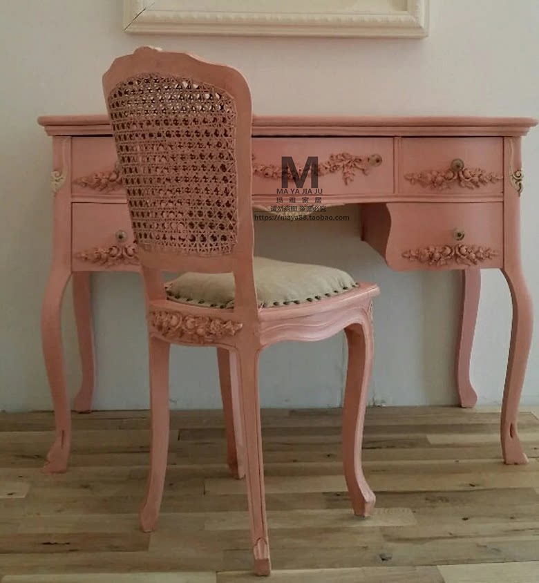 法式复古粉色做旧书桌欧式实木雕花写字桌美式电脑桌学习桌可定制