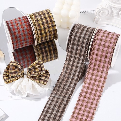 双芽边波浪花边格子布带DIY发饰蝴蝶结服饰装饰丝带服装装饰辅料