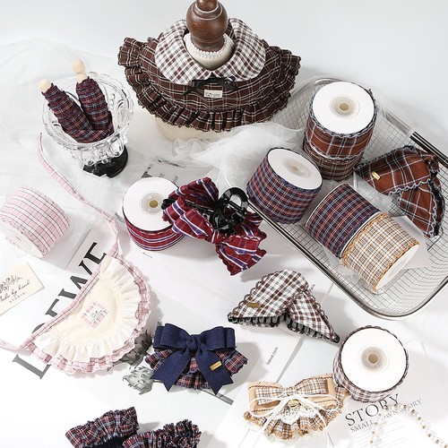 1码3码花边格子织带礼盒鲜花装饰包装带蝴蝶结DIY发饰芽边格纹带