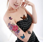 彩色纹身贴纸女防水持久仿真花朵蝴蝶可洗手臂锁骨腿部二张 包邮