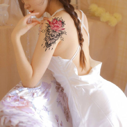 古风水墨红莲花纹身帐花臂遮挡疤痕性感肚子防水持久男女同款