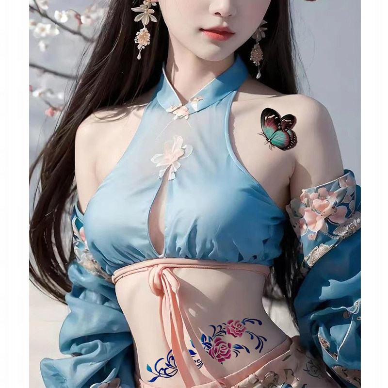 纹身贴女款持久防水彩色蝴蝶刺青贴纸可洗一次性彩绘贴花一套二张