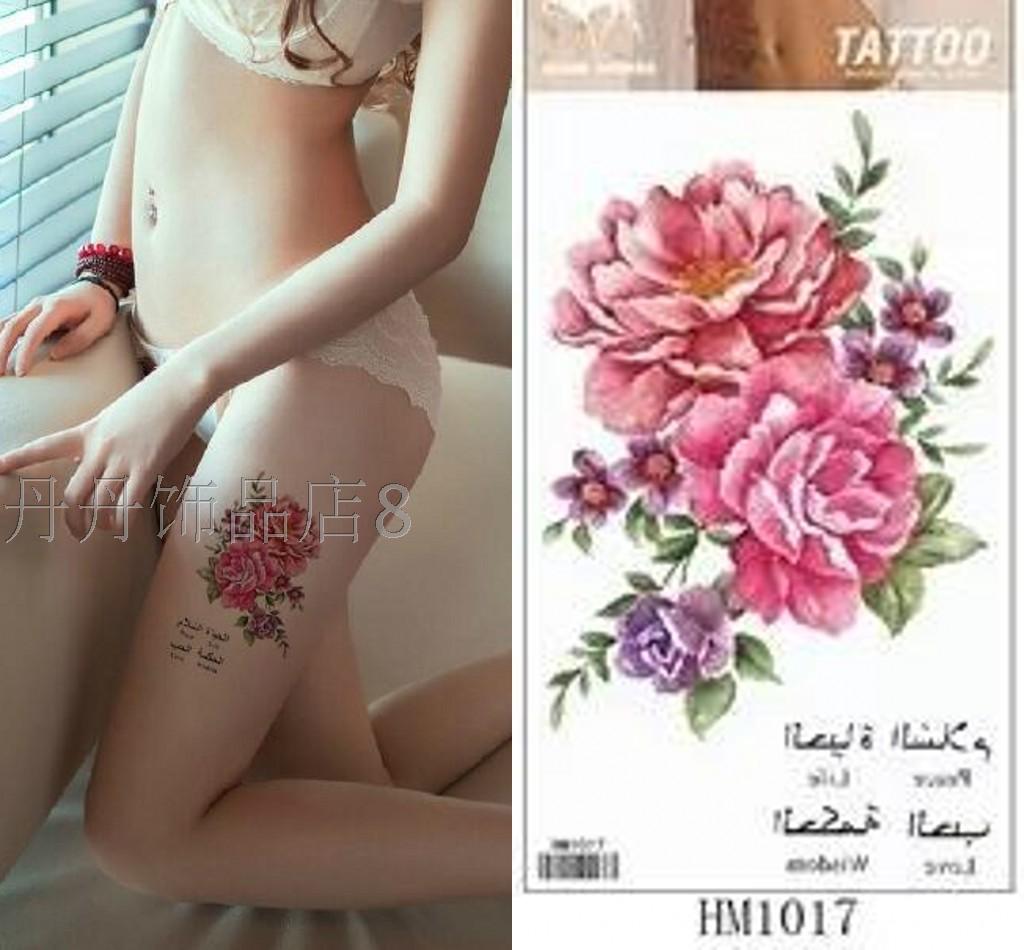 刺青贴女防水纹身韩国红色牡丹花臂花腿部贴18元包邮字母贴纹身