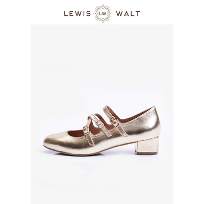 Lewis Walt金色圆头软羊皮玛丽珍单鞋一字带粗低跟鞋
