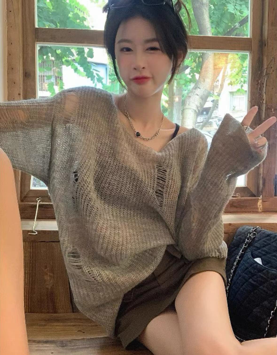 春季镂空针织防晒衫女装薄款外搭空调衫学院慵懒风法式打底小上衣