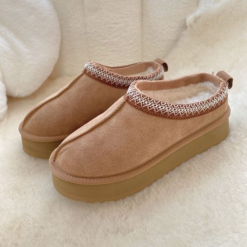 厚底民族风编织雪地靴冬季女款羊毛加厚保暖棉鞋套脚懒人包头棉拖