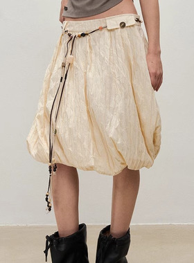 【XSPACE】Dpercent丨米色斜向旋转褶皱花苞蓬蓬裙半身裙