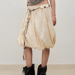 【XSPACE】Dpercent丨米色斜向旋转褶皱花苞蓬蓬裙半身裙