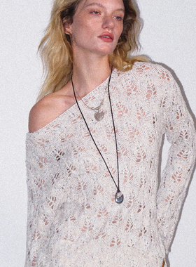 【XSPACE】Dpercent丨杏色花纱镂空下摆可收腰镂空针织毛衣上衣