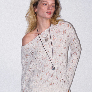 【XSPACE】Dpercent丨杏色花纱镂空下摆可收腰镂空针织毛衣上衣