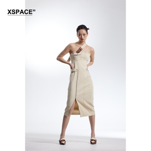 【XSPACE】DONOTDISTURB单肩带牛仔连衣裙小众包臀显瘦款无袖吊带