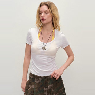 【XSPACE】Dpercent丨大U领基础纯色短袖T恤女短袖上衣