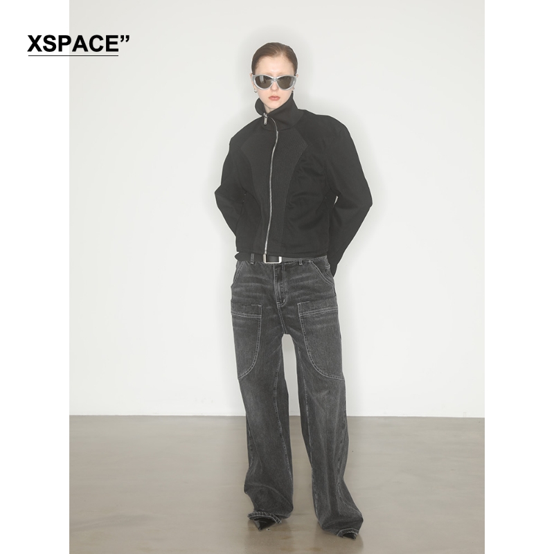 【XSPACE】AXYPAGES 23FW 定制水洗黑灰色阔形口袋直筒牛仔长裤 女装/女士精品 牛仔裤 原图主图