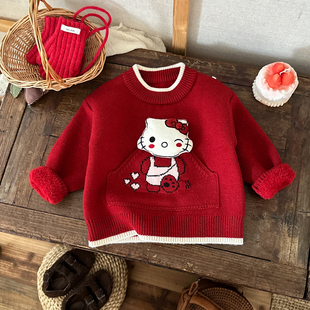 女童冬季加绒加厚套头毛衣女宝宝一体绒红色毛线衣小女孩针织衫潮