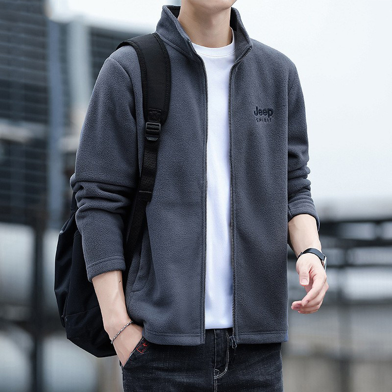 JEEP SPIRIT摇粒绒外套男秋冬款立领休闲夹克加绒开衫抓绒卫衣男