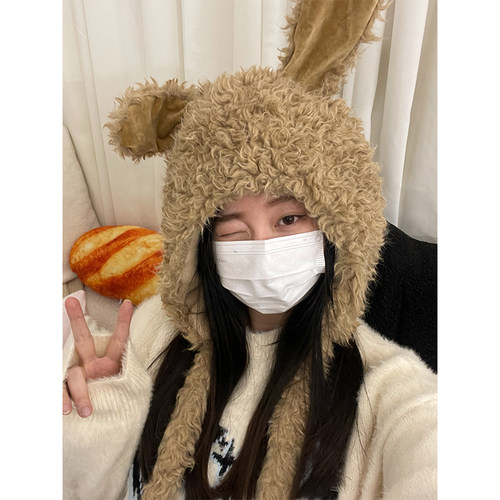 可爱兔子耳朵毛绒帽女秋冬加厚加绒护耳显脸小大头卡通包头雷锋帽