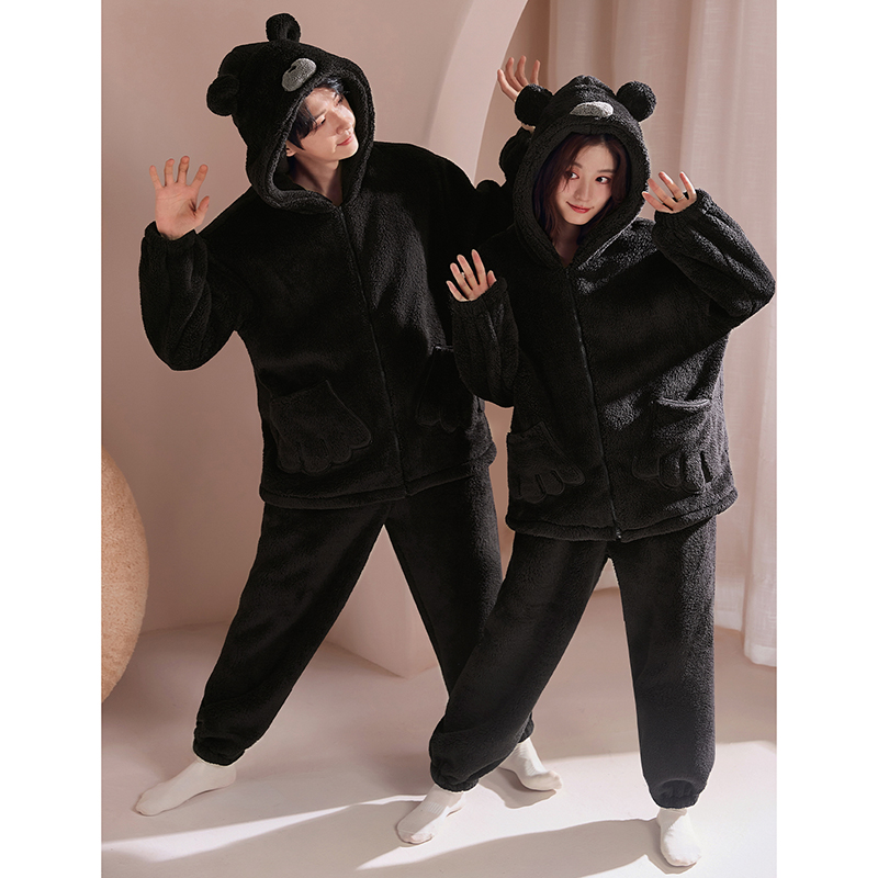 连帽开衫睡衣套装男女情侣款冬季保暖法兰绒家居服两件套可爱卡通