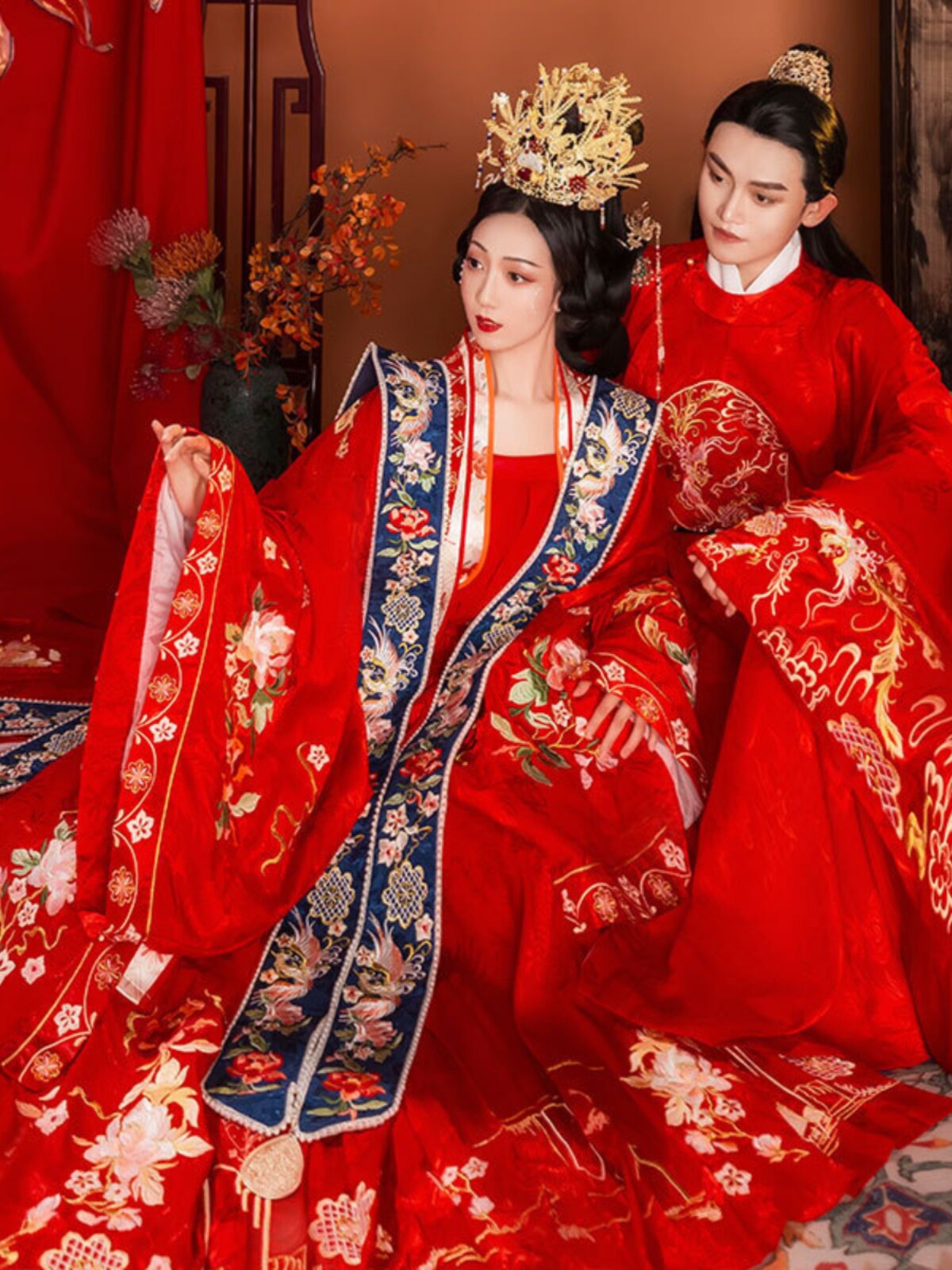 명나라 HANFU 결혼식 옷 무거운 자수 남자와 여자의 커플 정장 꽃 결혼식 중국 고대 옷 XIA PE 말 얼굴 스커트 결혼식 옷