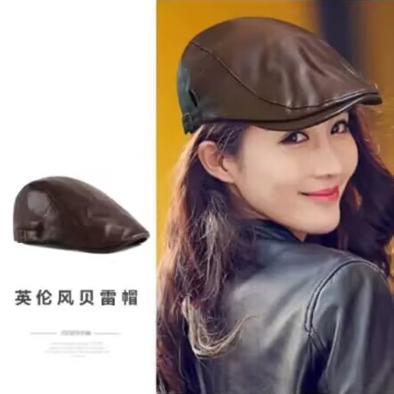 PU皮贝雷帽男春秋冬季简约百搭休闲前进帽防晒遮阳帽户外鸭舌帽女