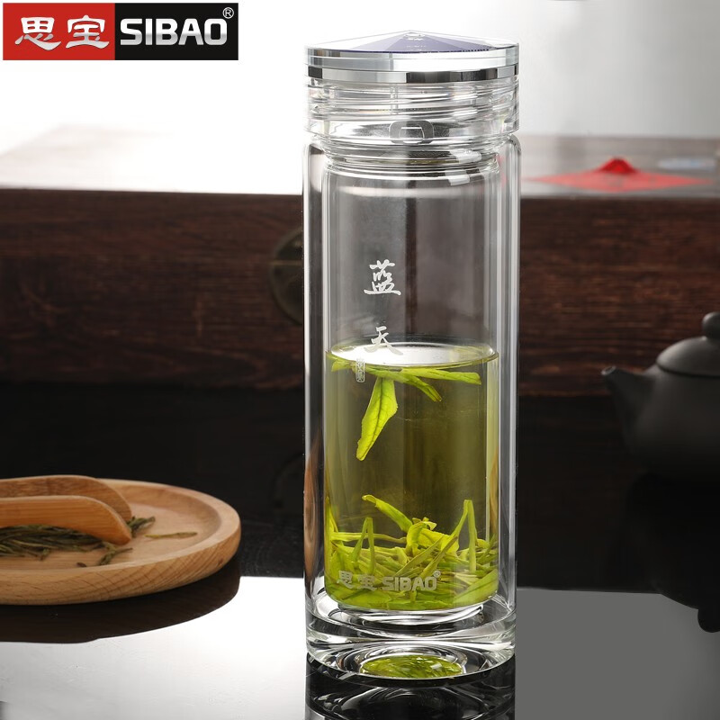 思宝蓝天双层玻璃杯男女士高档过滤泡茶商务便携办公室家用水杯子