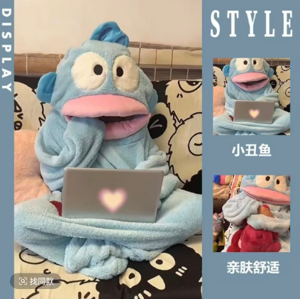 丑鱼连体睡衣女款秋冬季珊瑚绒加厚情侣搞怪男款成人一体式家居服