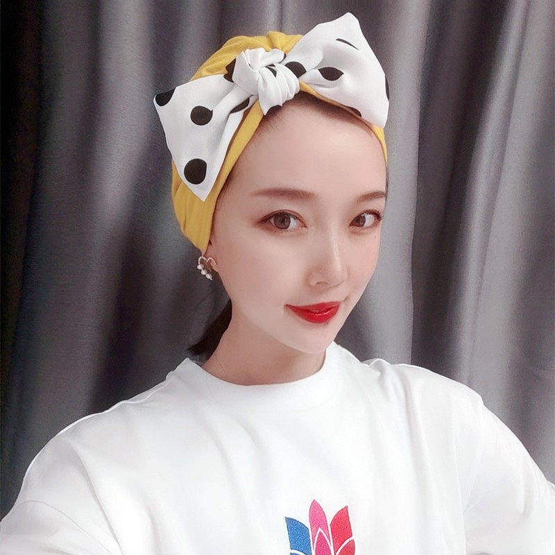 姜黄色白色波点帽子 蝴蝶结帽 夏季月子帽 产妇薄款 防风 甜美